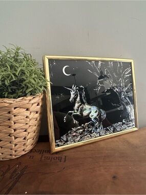 Black Iridescent Unicorn Silver Foil Art with Gold Frame 10”x8”